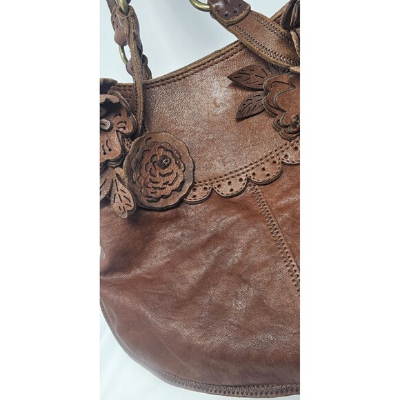 Lucky Brand Handbag Brown Italian Leather Boho Floral Applique Shoulder Bag Rare - Picture 7 of 16